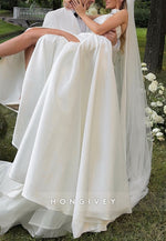 Side Slit Satin Side Slit Strapless A-Line Court Train Pleated Wedding Dresses