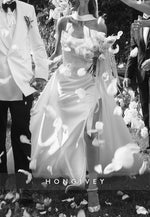 Side Slit Satin Side Slit Strapless A-Line Court Train Pleated Wedding Dresses