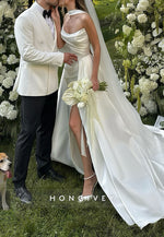 Side Slit Satin Side Slit Strapless A-Line Court Train Pleated Wedding Dresses