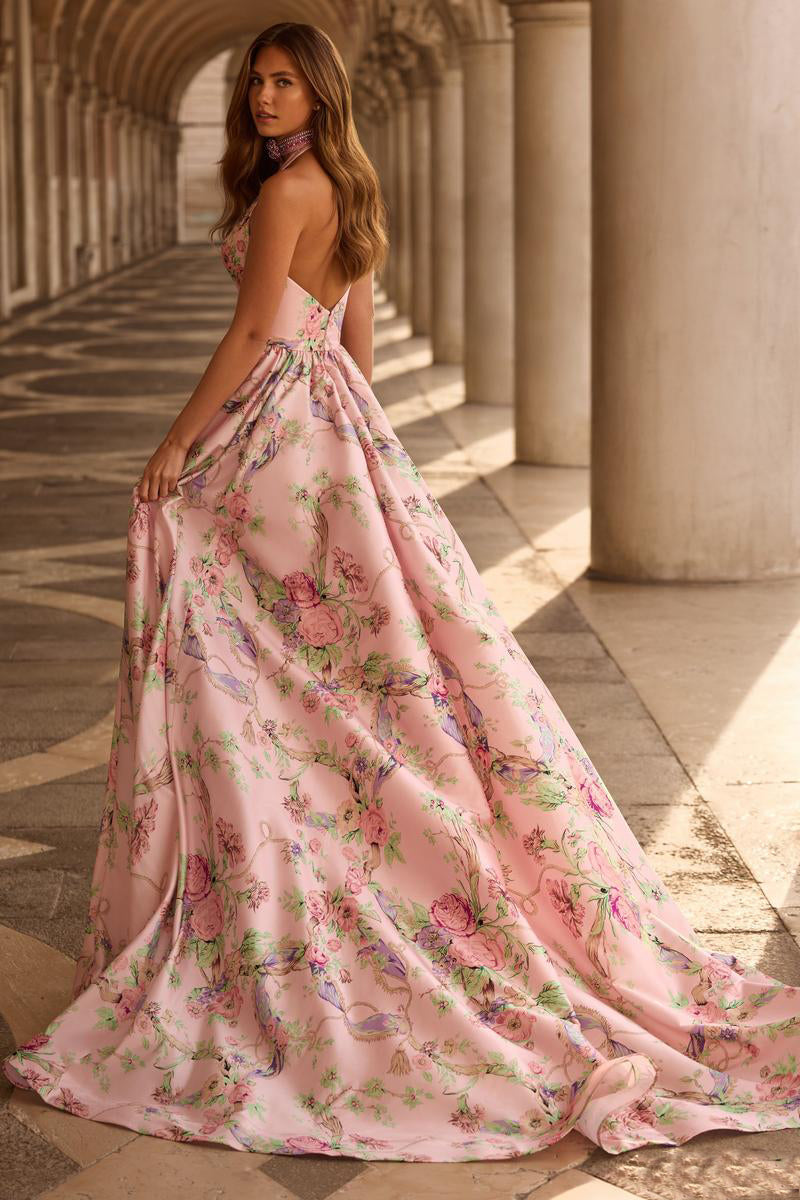 Pink Halter Sleeveless Backless Flowers Floral Print A-Line Floor-Length Prom Dress