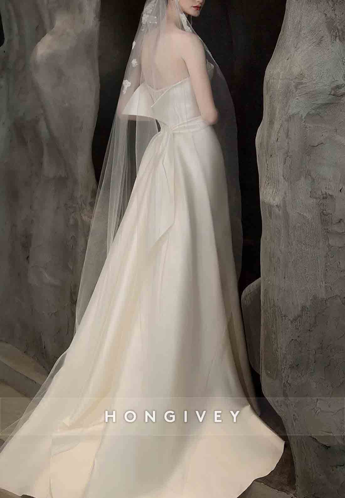 Strapless Satin A-Line Wedding Dresses with Tulle Wedding Veil