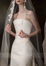 Strapless Satin A-Line Wedding Dresses with Tulle Wedding Veil