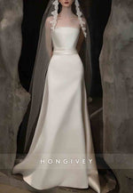 Strapless Satin A-Line Wedding Dresses with Tulle Wedding Veil