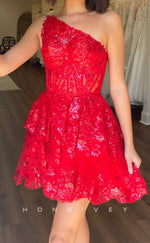 H2193 - Satin A-Line One Shoulder Lace Sequined Party/Homecoming Dress