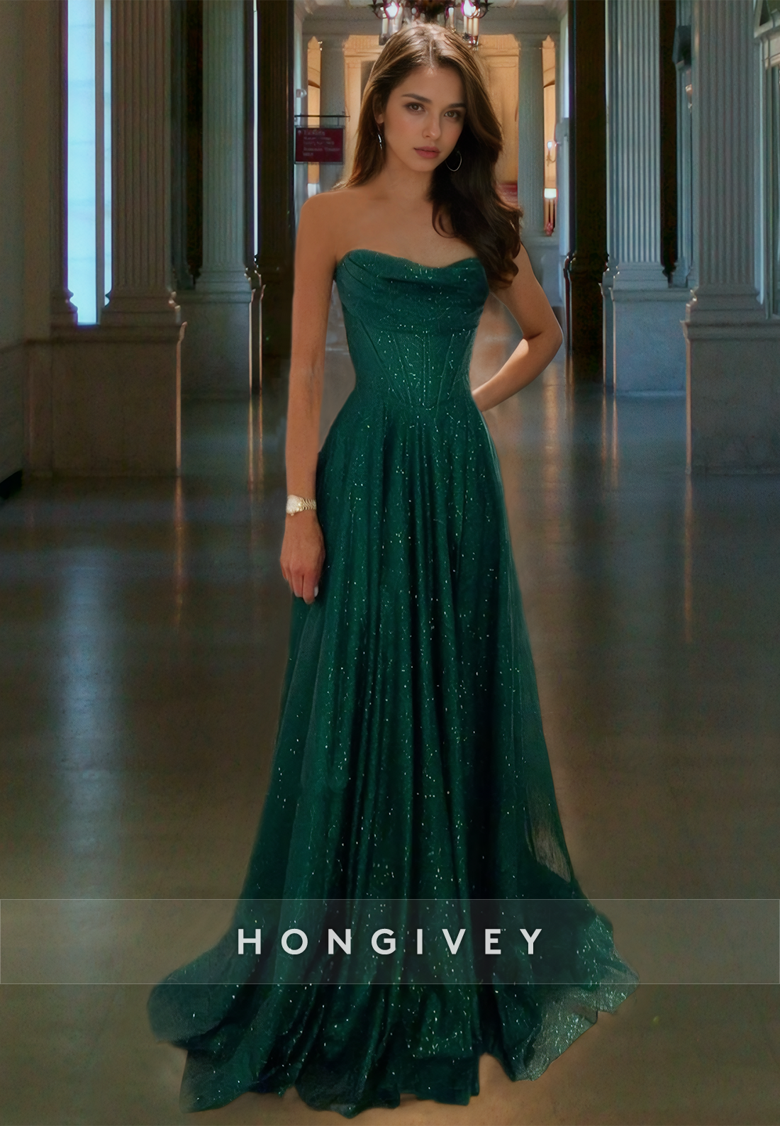 Sparkly Strapless Dark Green Glitter A-Line Cocktail Dress Floor Length Graceful Prom Dresses