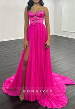 A-Line Deep V-Neck Rhinestone  Ruched Party Prom Dresses With Train