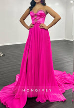 A-Line Deep V-Neck Rhinestone  Ruched Party Prom Dresses With Train