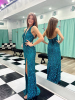luxury Halter Sleeveless Sparkle Sequins Mermaid Side Slit Prom Dress