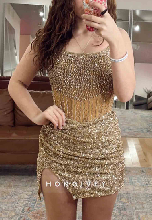 Side Slit Strapless Glitter Sheath Pleated Beading Mini Homecoming Dresses