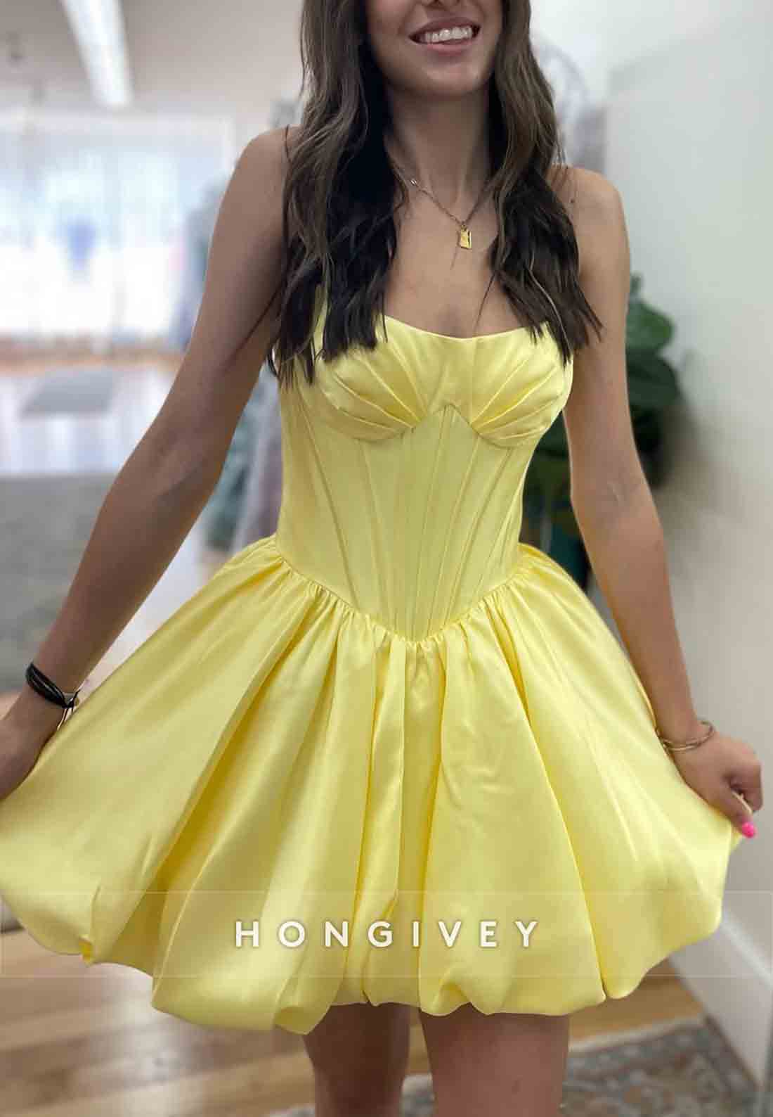 Yellow Strapless Pleated Satin Low Back Mini Princess Homecoming Dresses