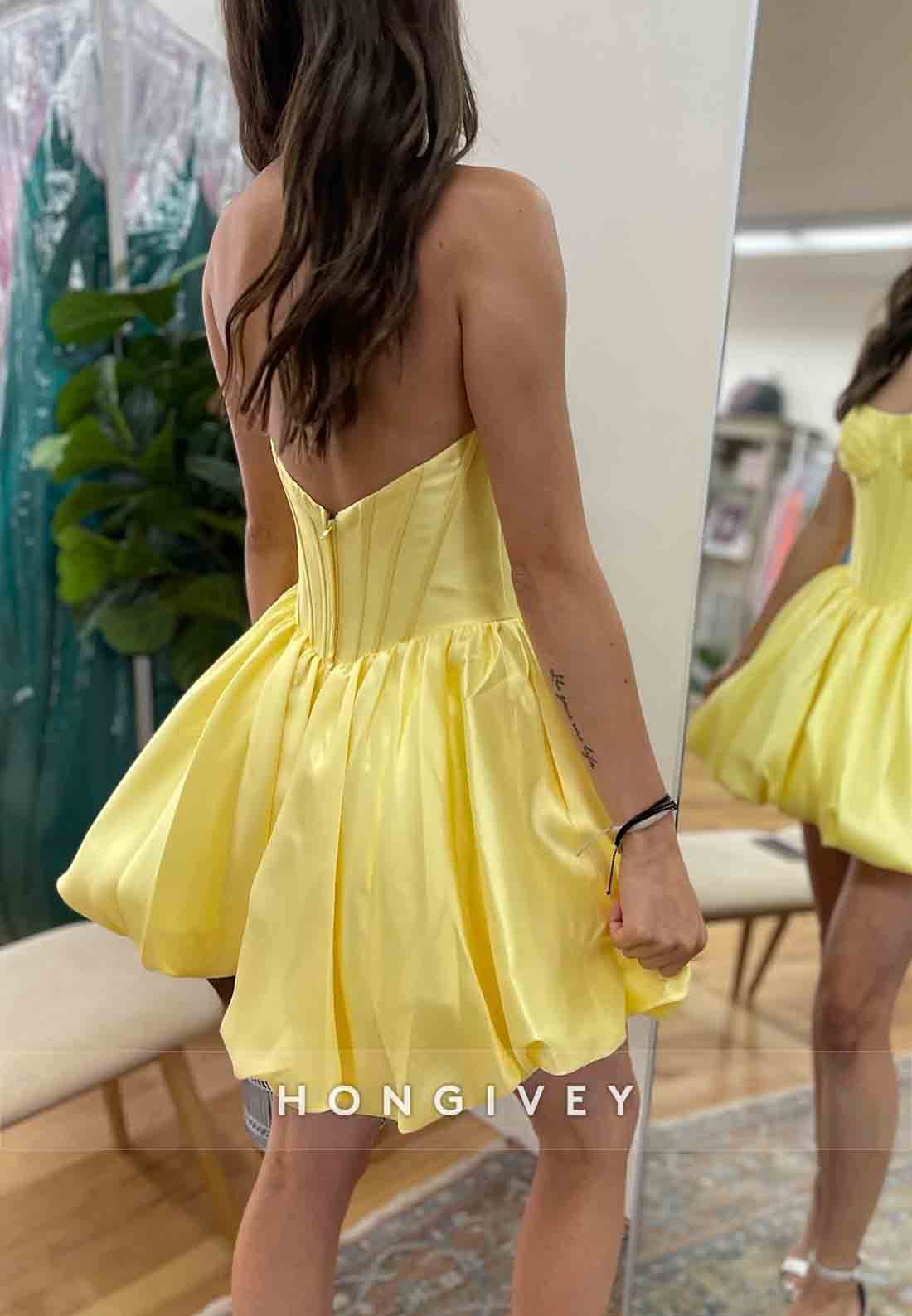 Yellow Strapless Pleated Satin Low Back Mini Princess Homecoming Dresses