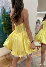 Yellow Strapless Pleated Satin Low Back Mini Princess Homecoming Dresses