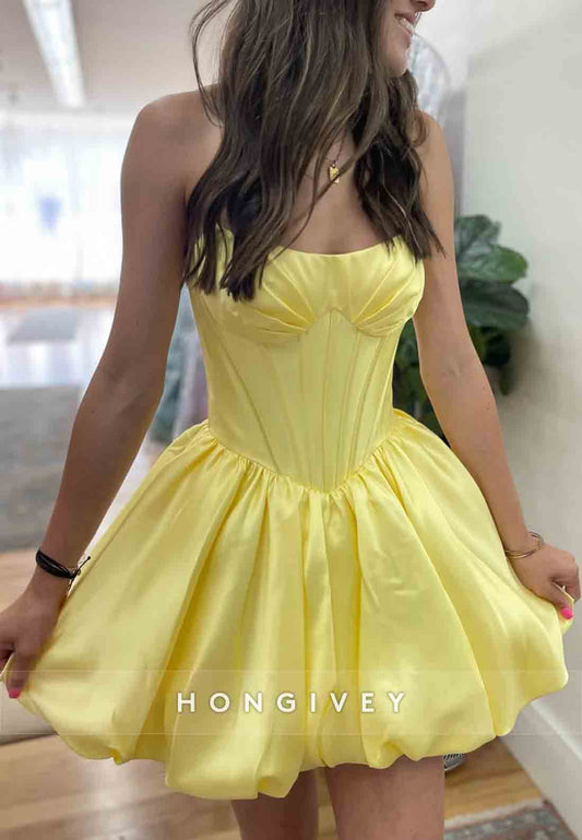 Yellow Strapless Pleated Satin Low Back Mini Princess Homecoming Dresses