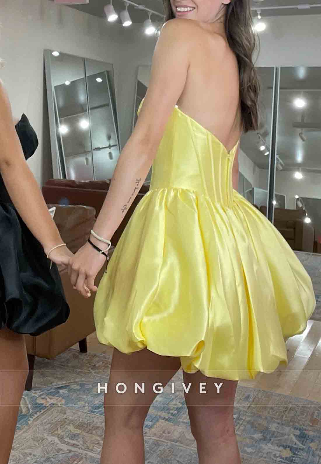 Yellow Strapless Pleated Satin Low Back Mini Princess Homecoming Dresses