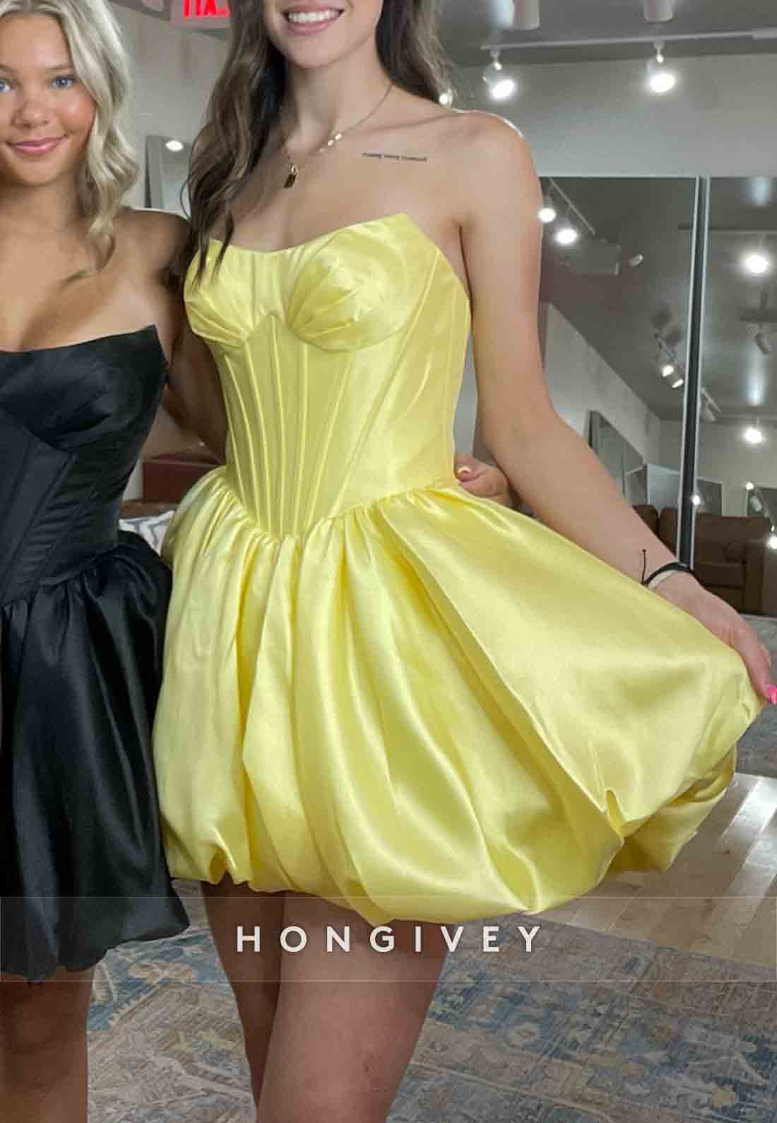 Yellow Strapless Pleated Satin Low Back Mini Princess Homecoming Dresses