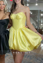 Yellow Strapless Pleated Satin Low Back Mini Princess Homecoming Dresses