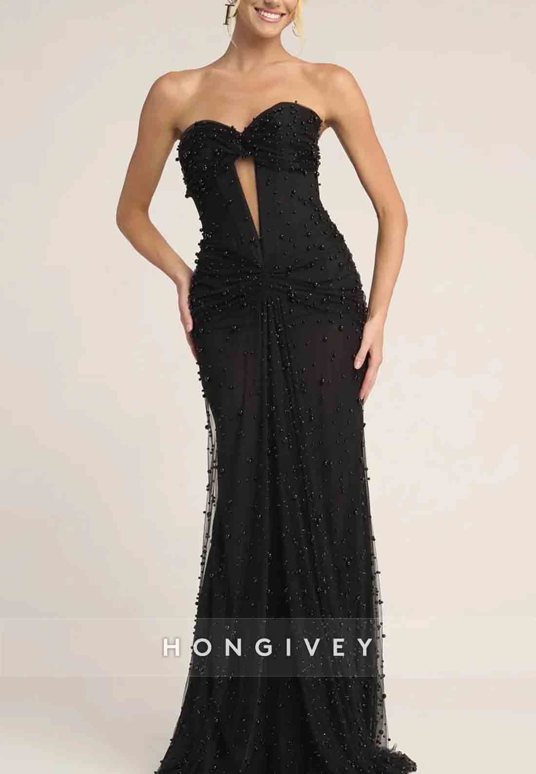 Strapless Floor-Length Sweetheart Trumpet Prom Dresses with Pearls