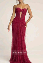 Strapless Floor-Length Sweetheart Trumpet Prom Dresses with Pearls