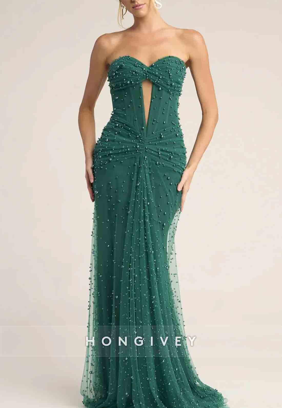 Strapless Floor-Length Sweetheart Trumpet Prom Dresses with Pearls