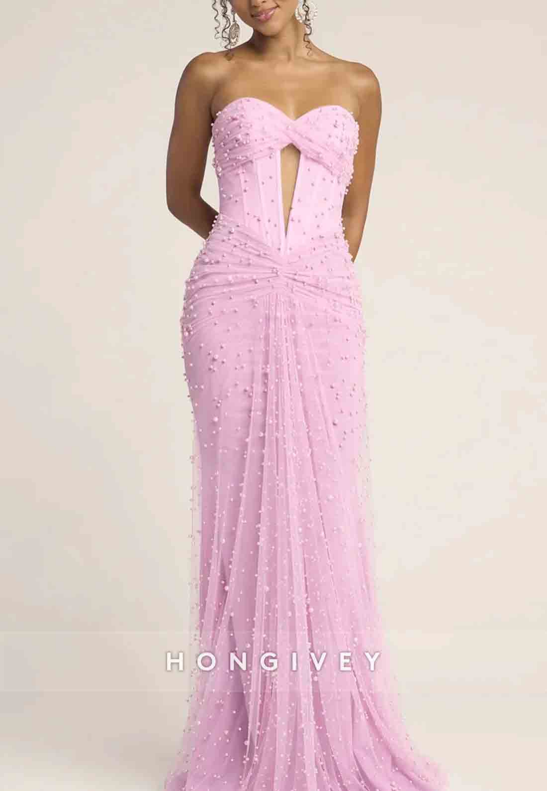 Strapless Floor-Length Sweetheart Trumpet Prom Dresses with Pearls