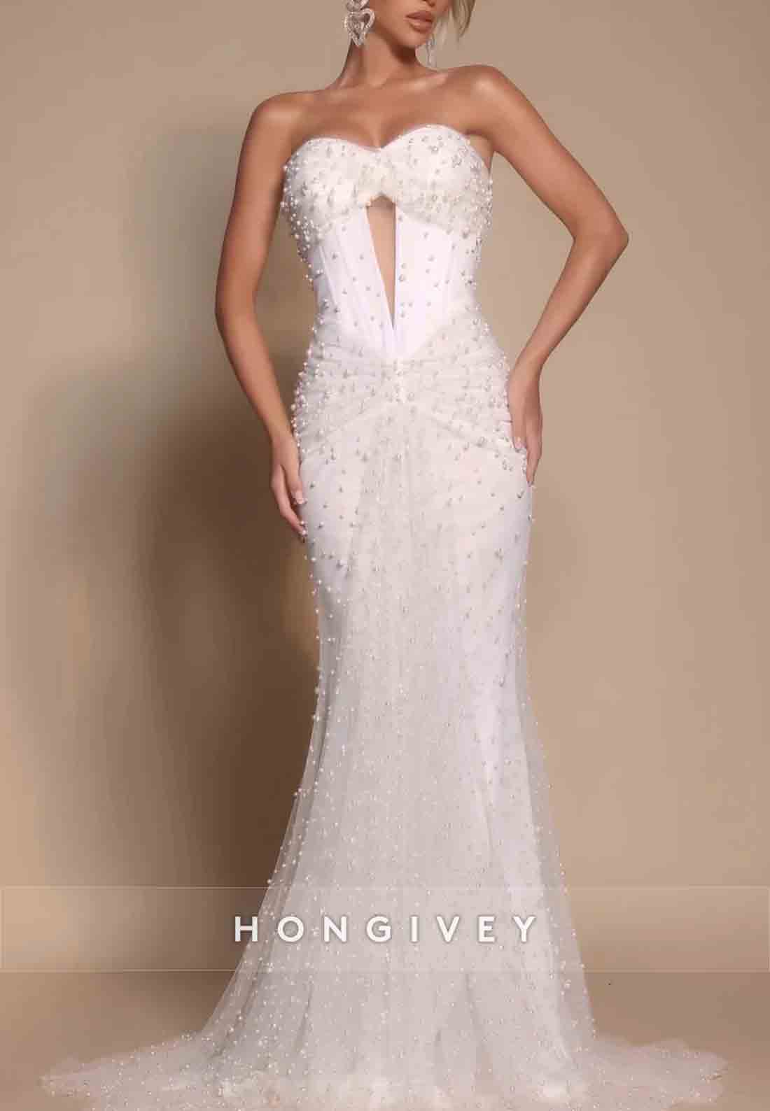 Strapless Floor-Length Sweetheart Trumpet Prom Dresses with Pearls