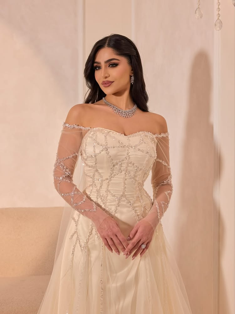 Sequins Off the Shouder Long Sleeve Sparkle A-Line Shael Evening Dress