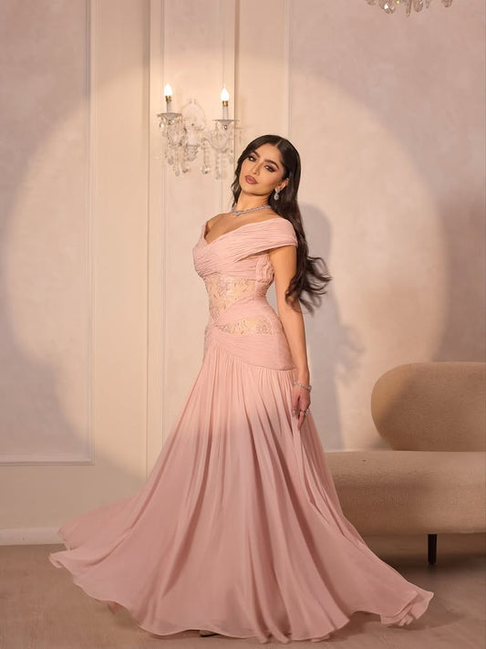 Elegant Off the Shoulder Sleeveless A-Line Lace Beaded Evening Dress