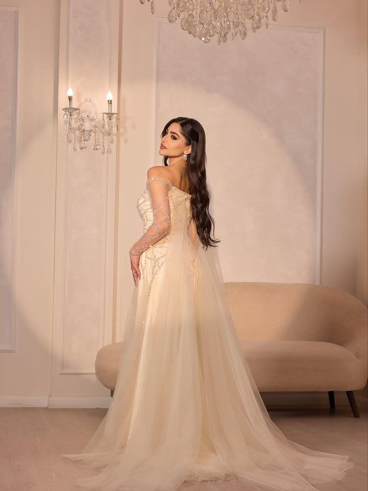 Sequins Off the Shouder Long Sleeve Sparkle A-Line Shael Evening Dress