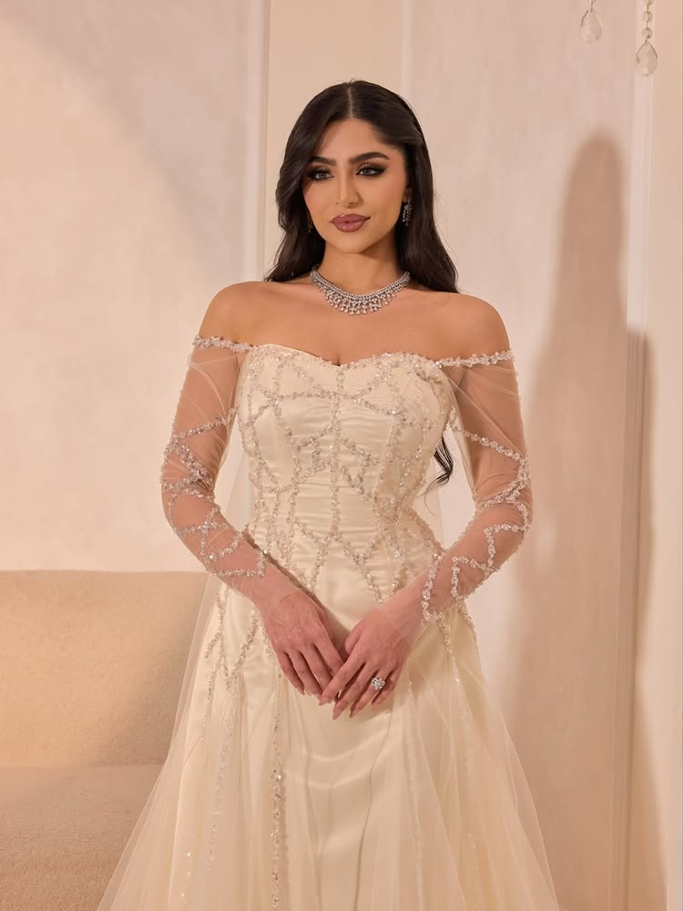 Sequins Off the Shouder Long Sleeve Sparkle A-Line Shael Evening Dress