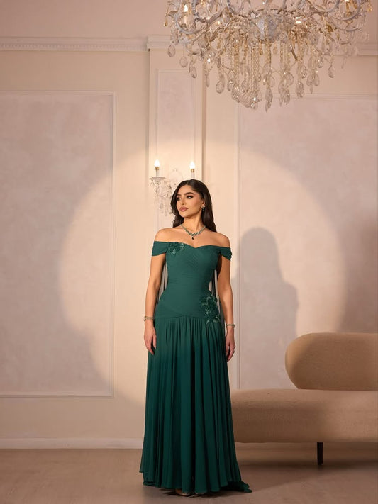 Off the Shoulder Green Sleeveless A-Line Sequins Applique Shawl Evening Dress