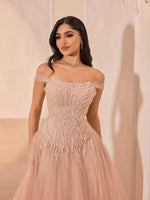 Off the Shoulder Sleeveless Sqeuins Tulle A-Line Evening Dress Floor-Length