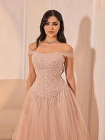 Off the Shoulder Sleeveless Sqeuins Tulle A-Line Evening Dress Floor-Length