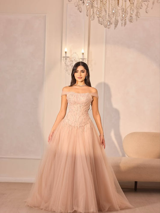 Off the Shoulder Sleeveless Sqeuins Tulle A-Line Evening Dress Floor-Length