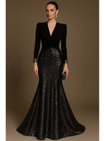 V-Neck Long Sleeves Mermaid Sequined with Glitter Evening Gown