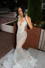 Silver Beaded See-through Mermaid Floor length Prom Dresses