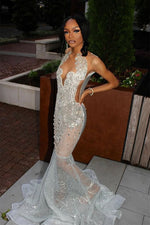 Silver Beaded See-through Mermaid Floor length Prom Dresses