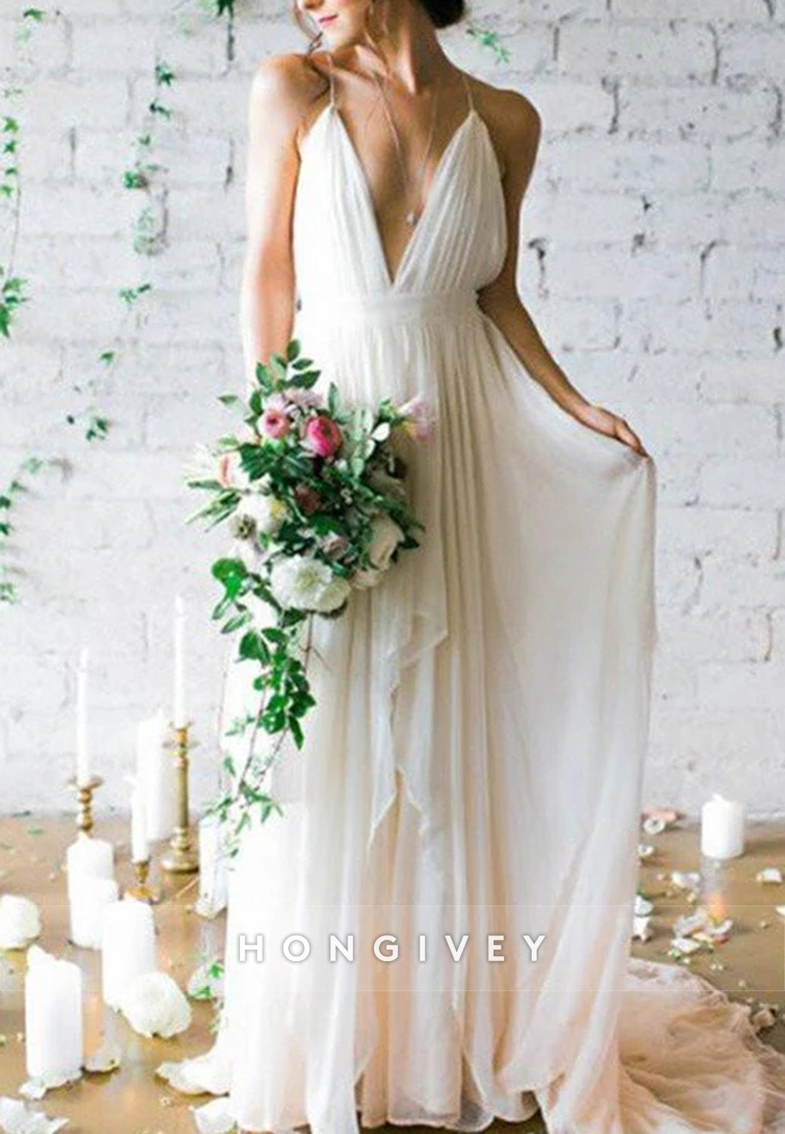Simple Backless Spaghetti Straps Beach Bridal Dresses Chiffon Long Wedding Gowns