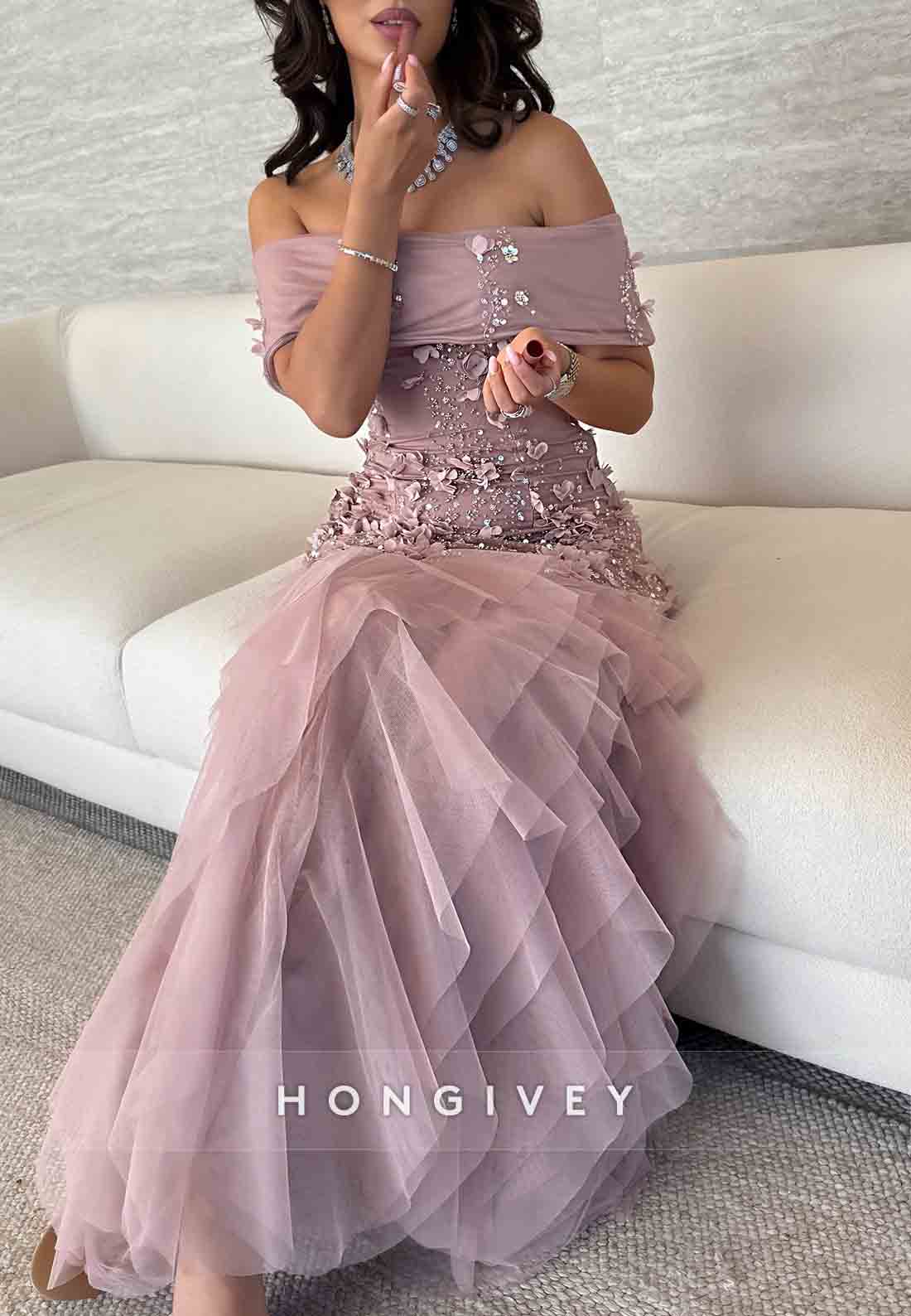 Column Off the Shoulder Floor-Length Flowers Appliqued Ruched Evening Gowns