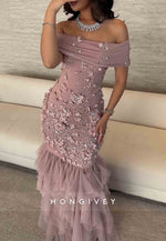 Column Off the Shoulder Floor-Length Flowers Appliqued Ruched Evening Gowns