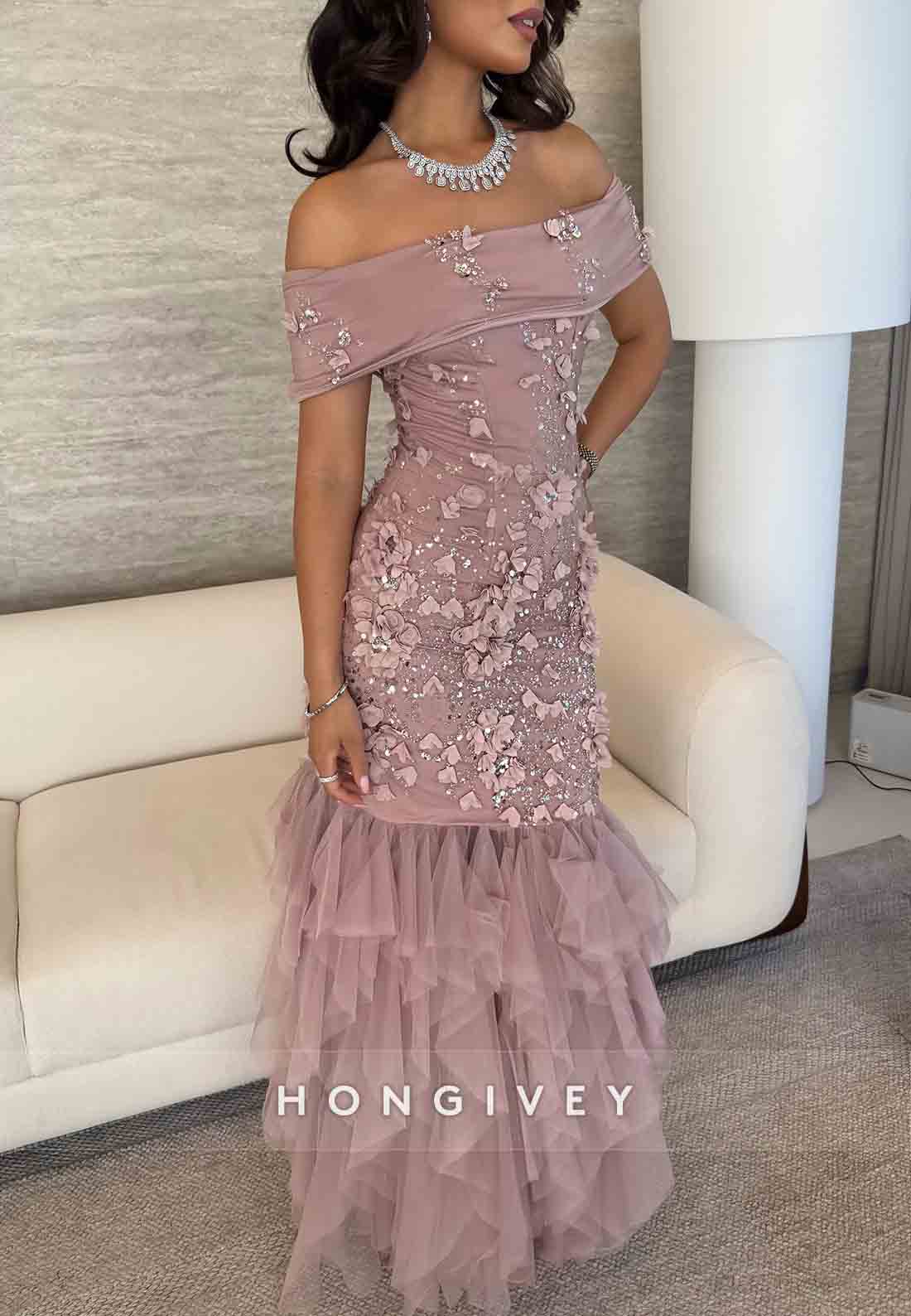 Column Off the Shoulder Floor-Length Flowers Appliqued Ruched Evening Gowns