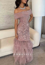 Column Off the Shoulder Floor-Length Flowers Appliqued Ruched Evening Gowns