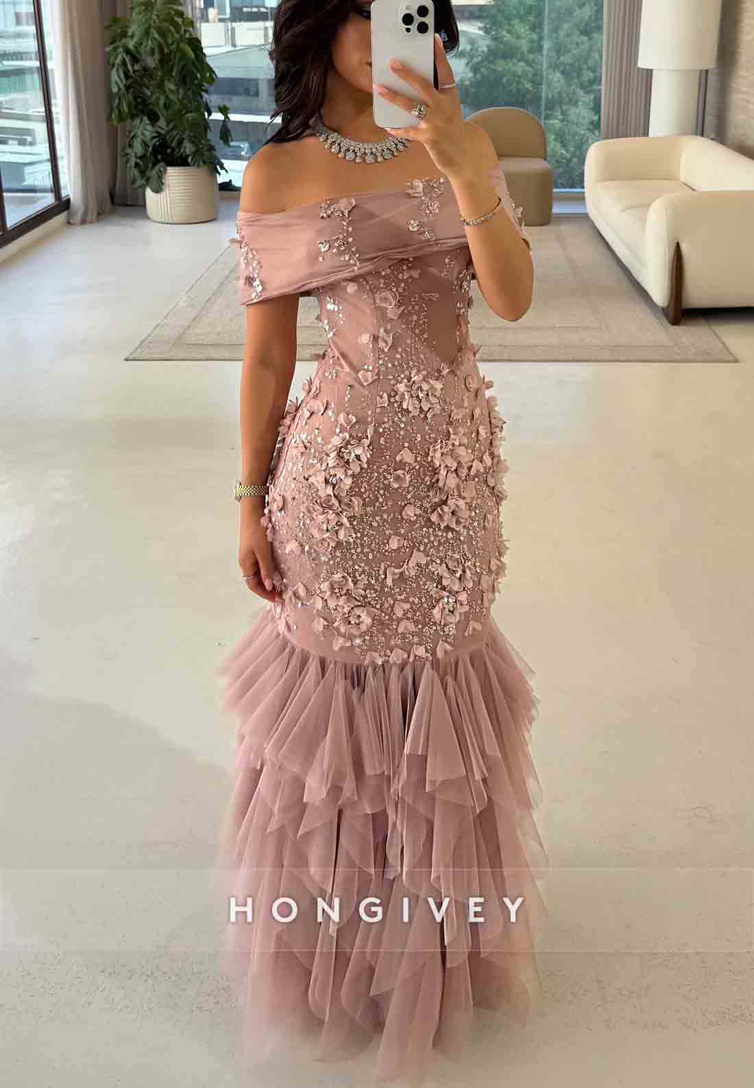 Column Off the Shoulder Floor-Length Flowers Appliqued Ruched Evening Gowns