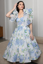 Blue Floral Print Bow Sleeveless A-Line Flowers Tea-Length Prom Dress