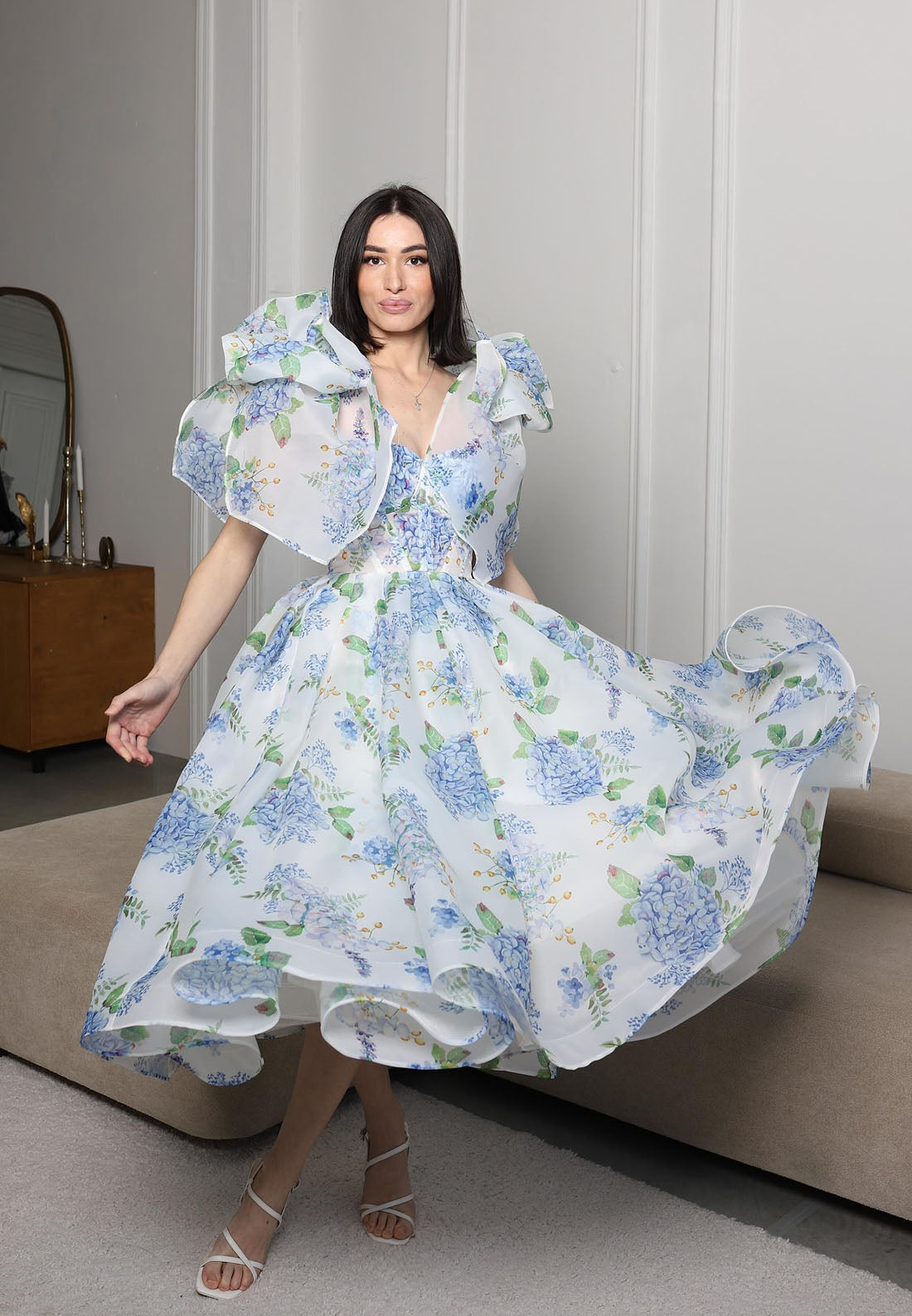 Blue Floral Print Bow Sleeveless A-Line Flowers Tea-Length Prom Dress