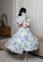 Blue Floral Print Bow Sleeveless A-Line Flowers Tea-Length Prom Dress