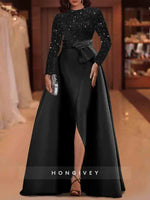 Backless Sequins Long Sleeve A-Line Slit Evening Dress