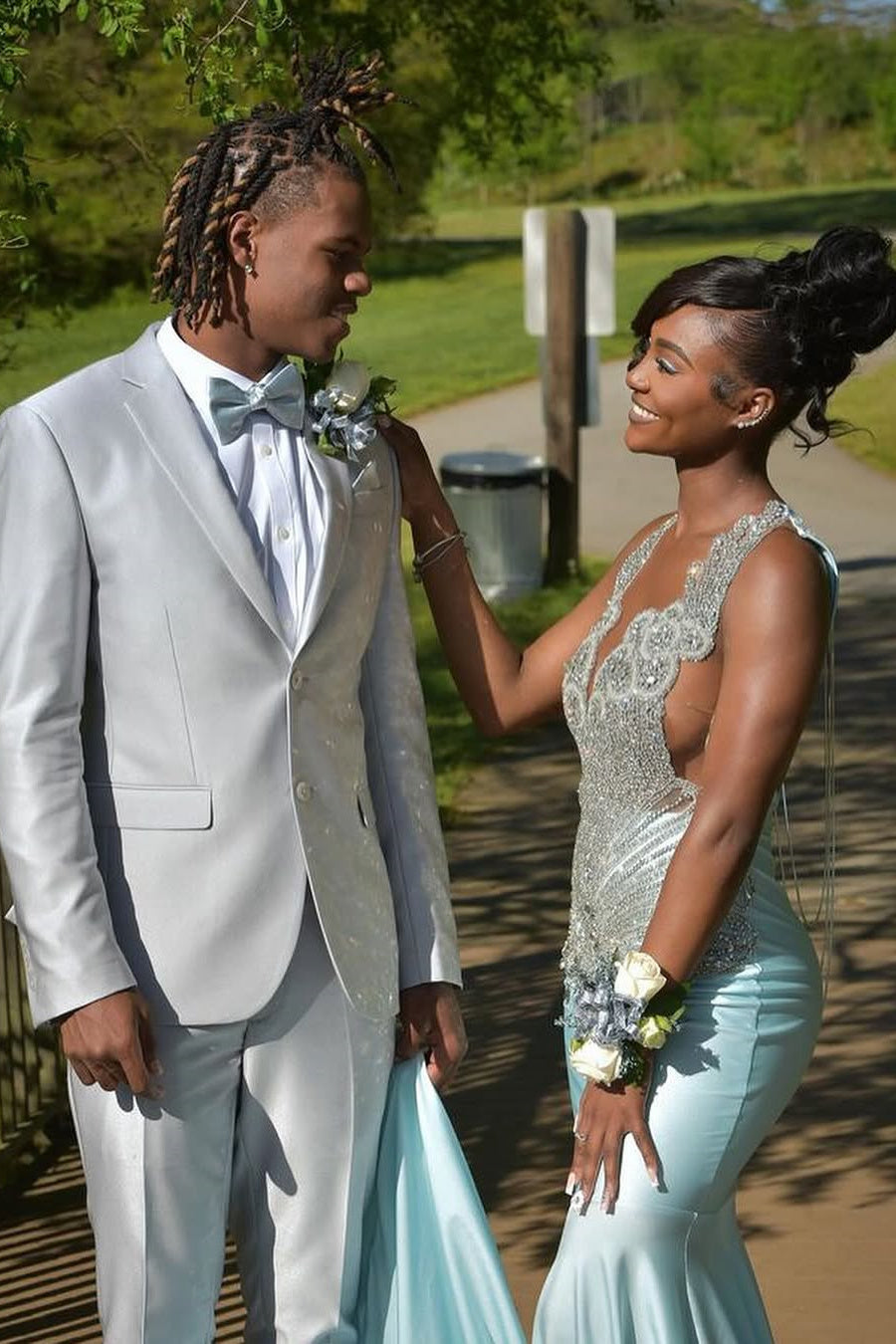 Sky Blue Silver Beaded Satin Mermaid Sleeveless Long Prom Dresses