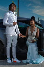 Sky Blue Silver Beaded Satin Mermaid Sleeveless Long Prom Dresses