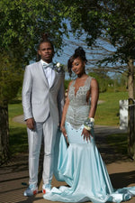 Sky Blue Silver Beaded Satin Mermaid Sleeveless Long Prom Dresses