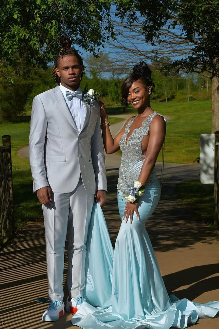 Sky Blue Silver Beaded Satin Mermaid Sleeveless Long Prom Dresses